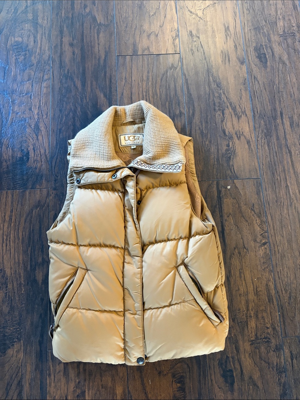 UGG Tan Quilted Puffer Vest with Ribbed Collar